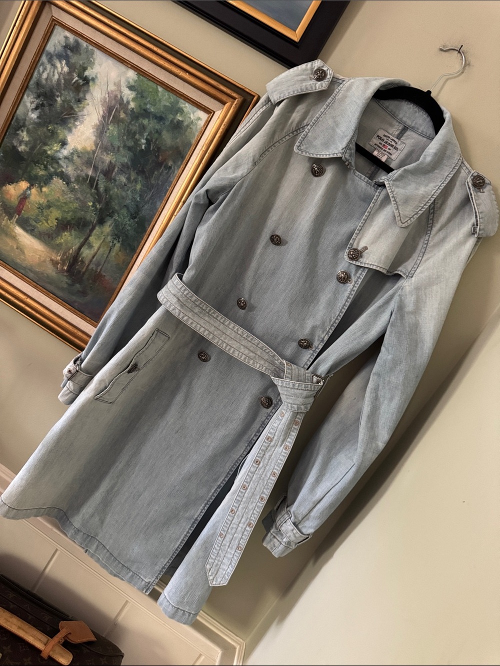 Vintage Ralph Lauren Military Light Wash Denim Trench Coat Belt Jacket XL
